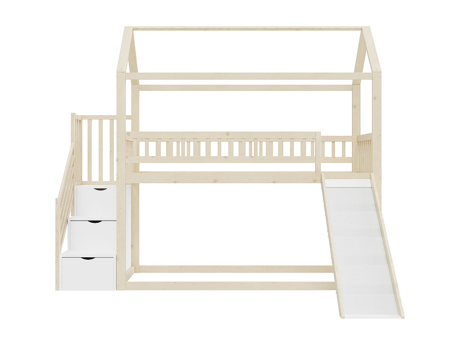 Lit mezzanine pour enfant - 90 x 200 cm - avec toboggan + échelle de rangement - bois - naturel