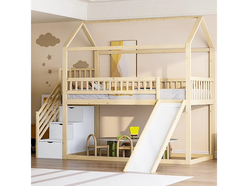 Kinderhoogslaper - 90 x 200 cm - met glijbaan + opbergladder - hout - naturel