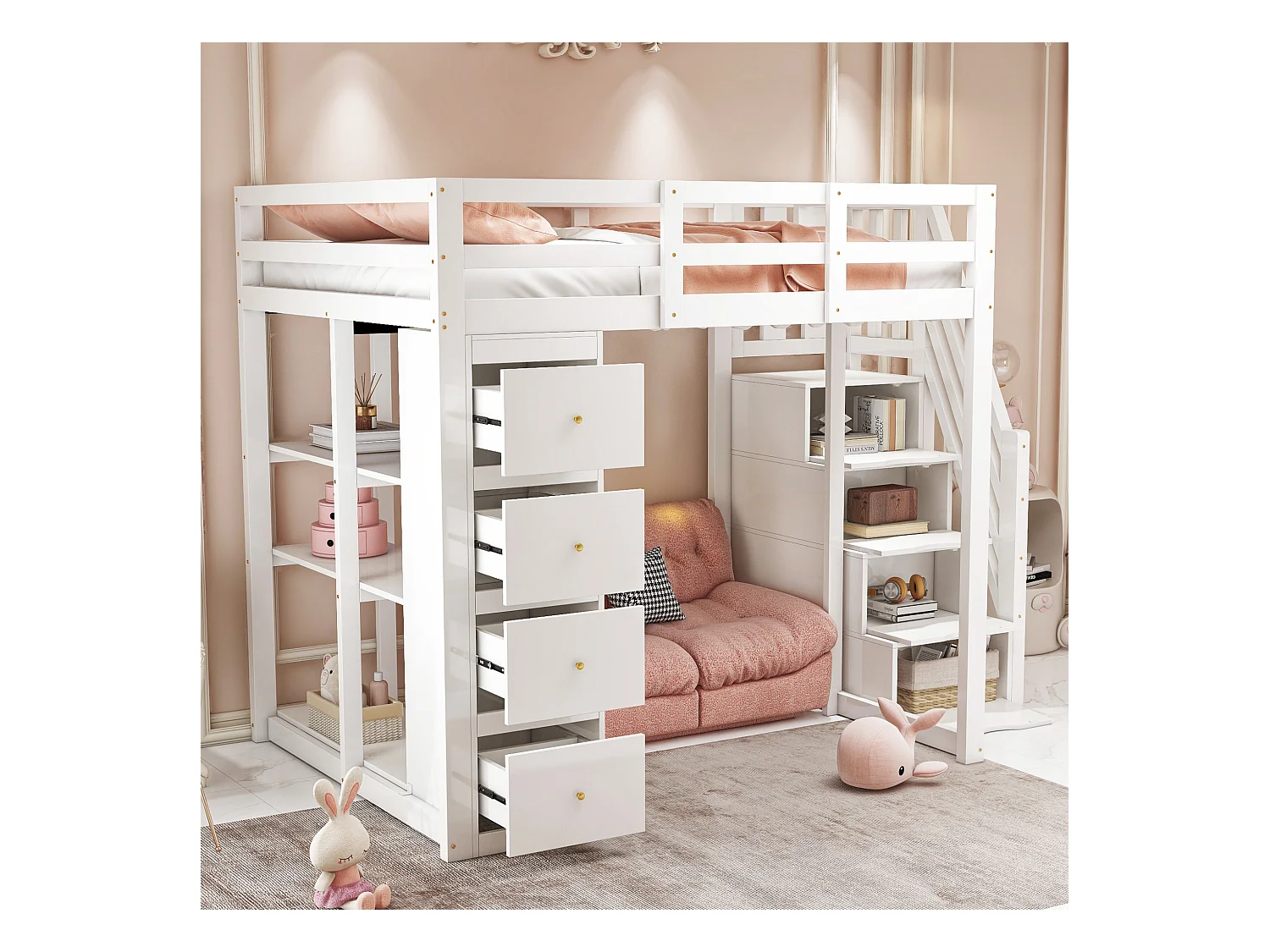 Lit mezzanine enfant - 140 x 200 cm - avec 4 tiroirs + escalier de rangement - bois - blanc