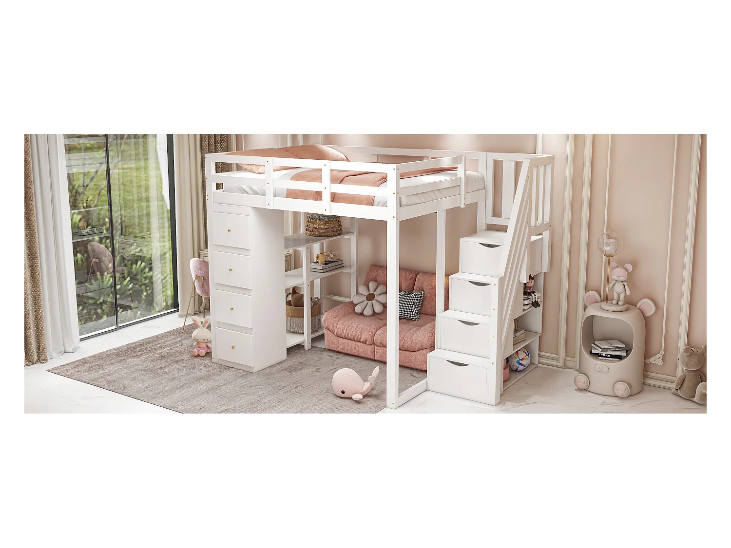 Lit mezzanine enfant - 140 x 200 cm - avec 4 tiroirs + escalier de rangement - bois - blanc