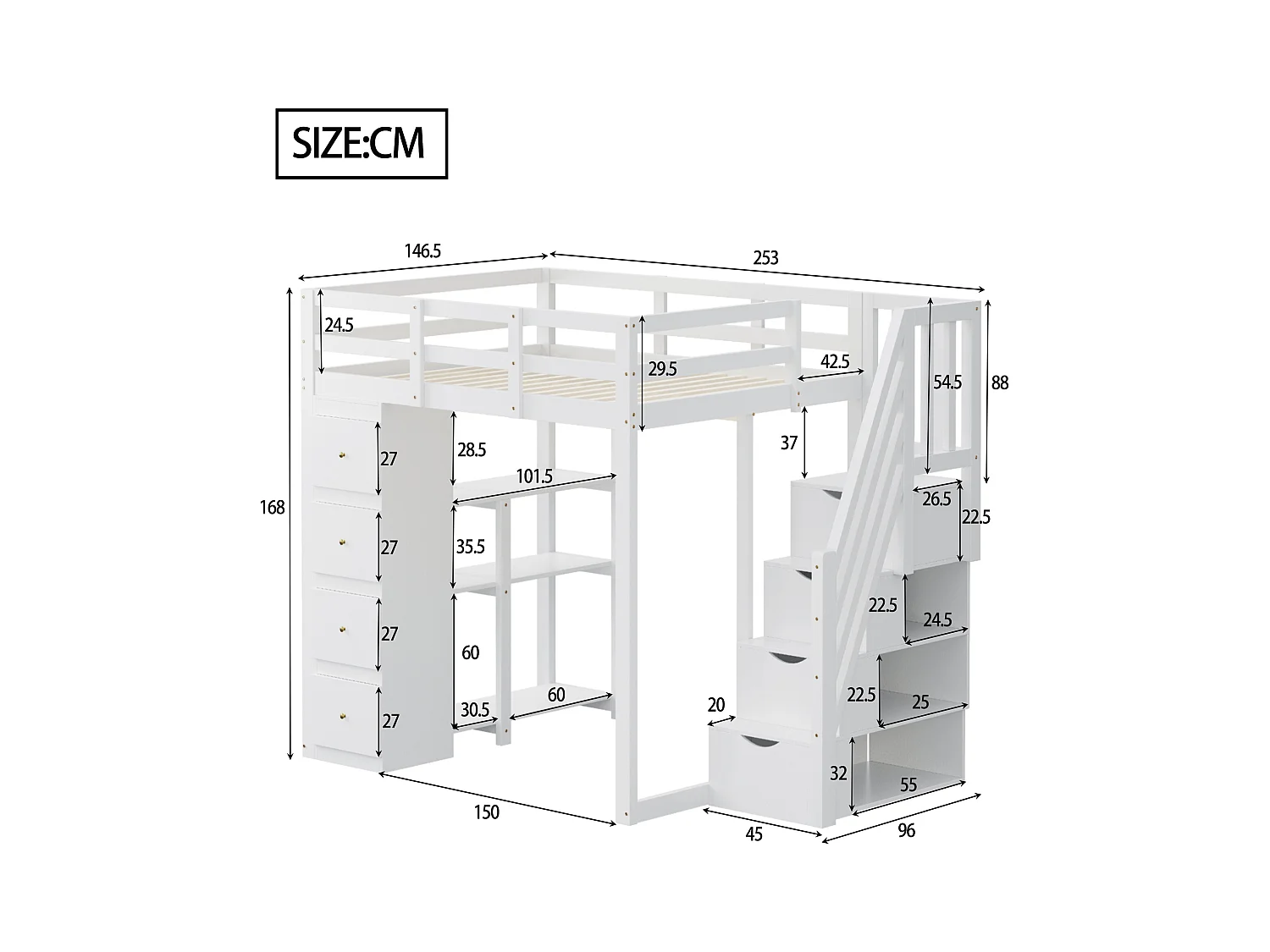 Lit mezzanine enfant - 140 x 200 cm - avec 4 tiroirs + escalier de rangement - bois - blanc