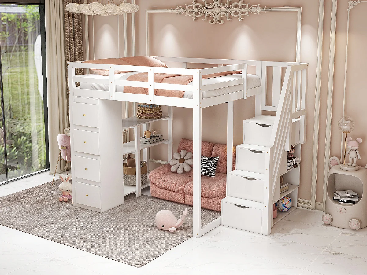 Letto a soppalco per bambini - 140 x 200 cm - con 4 cassetti + scaletta portaoggetti - legno - bianco