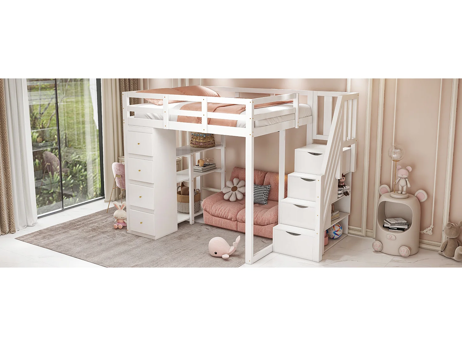 Letto a soppalco per bambini - 140 x 200 cm - con 4 cassetti + scaletta portaoggetti - legno - bianco