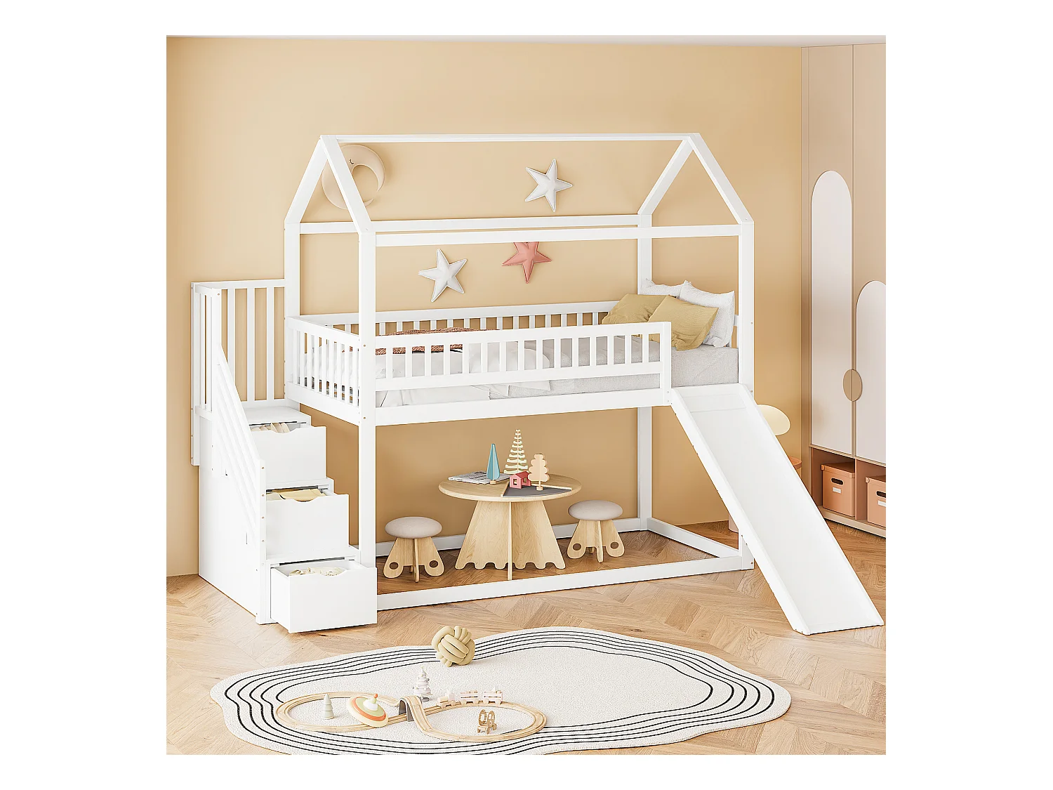 Lit mezzanine pour enfant - 90 x 200 cm - avec toboggan + échelle de rangement - bois - blanc