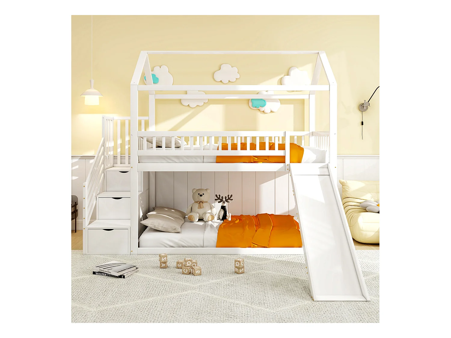 Lit mezzanine pour enfant - 90 x 200 cm - avec toboggan + échelle de rangement - bois - blanc