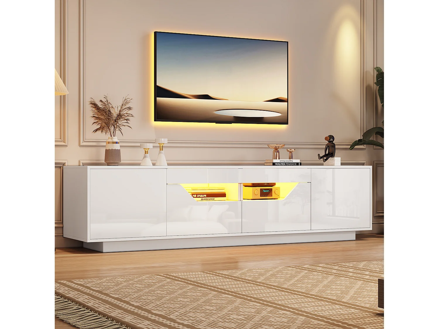 Meuble TV autoportant - 180 x 40 x 45 cm - avec 2 tiroirs + 2 placards + Leds - aggloméré - blanc