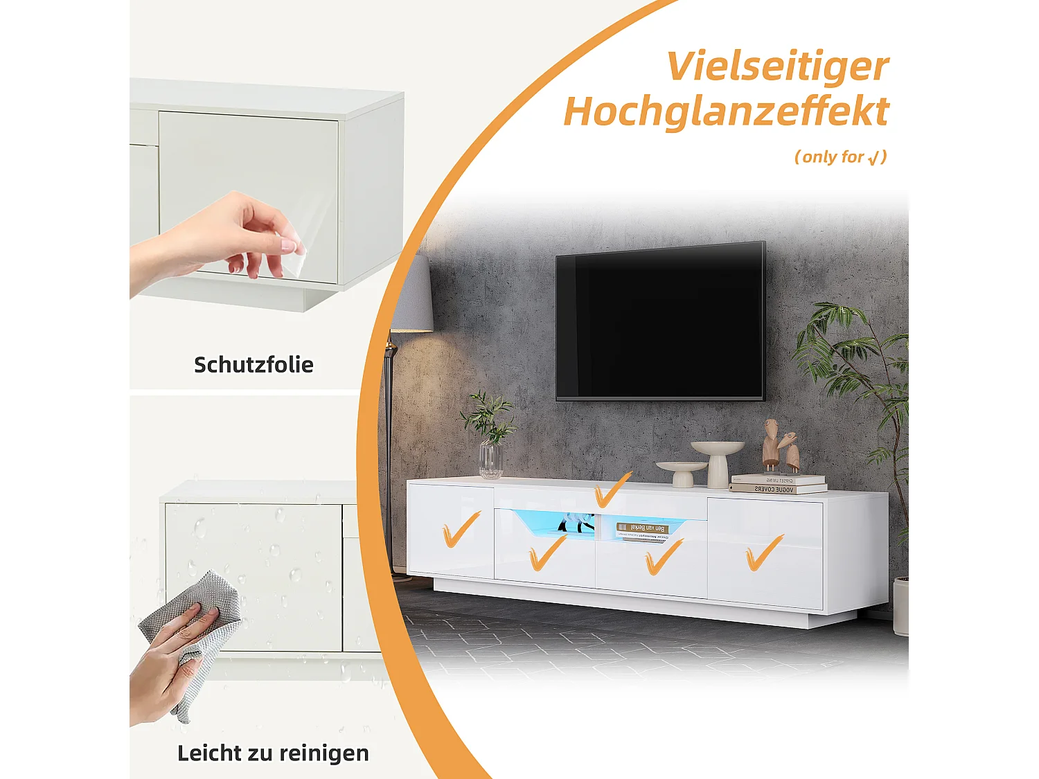 Meuble TV autoportant - 180 x 40 x 45 cm - avec 2 tiroirs + 2 placards + Leds - aggloméré - blanc