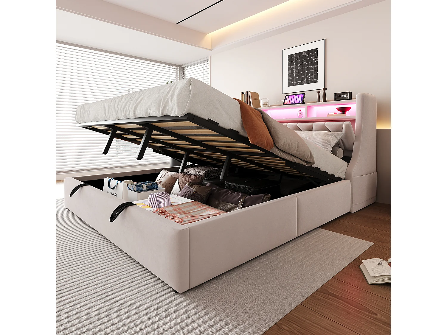 Doppelbett mit Stauraum – 180 x 200 cm – hydraulisch – klappbares Kopfteil mit Stauraum + LEDs – MDF – beige