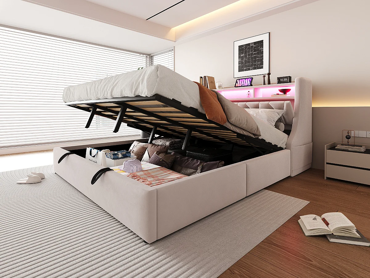Doppelbett mit Stauraum – 180 x 200 cm – hydraulisch – klappbares Kopfteil mit Stauraum + LEDs – MDF – beige