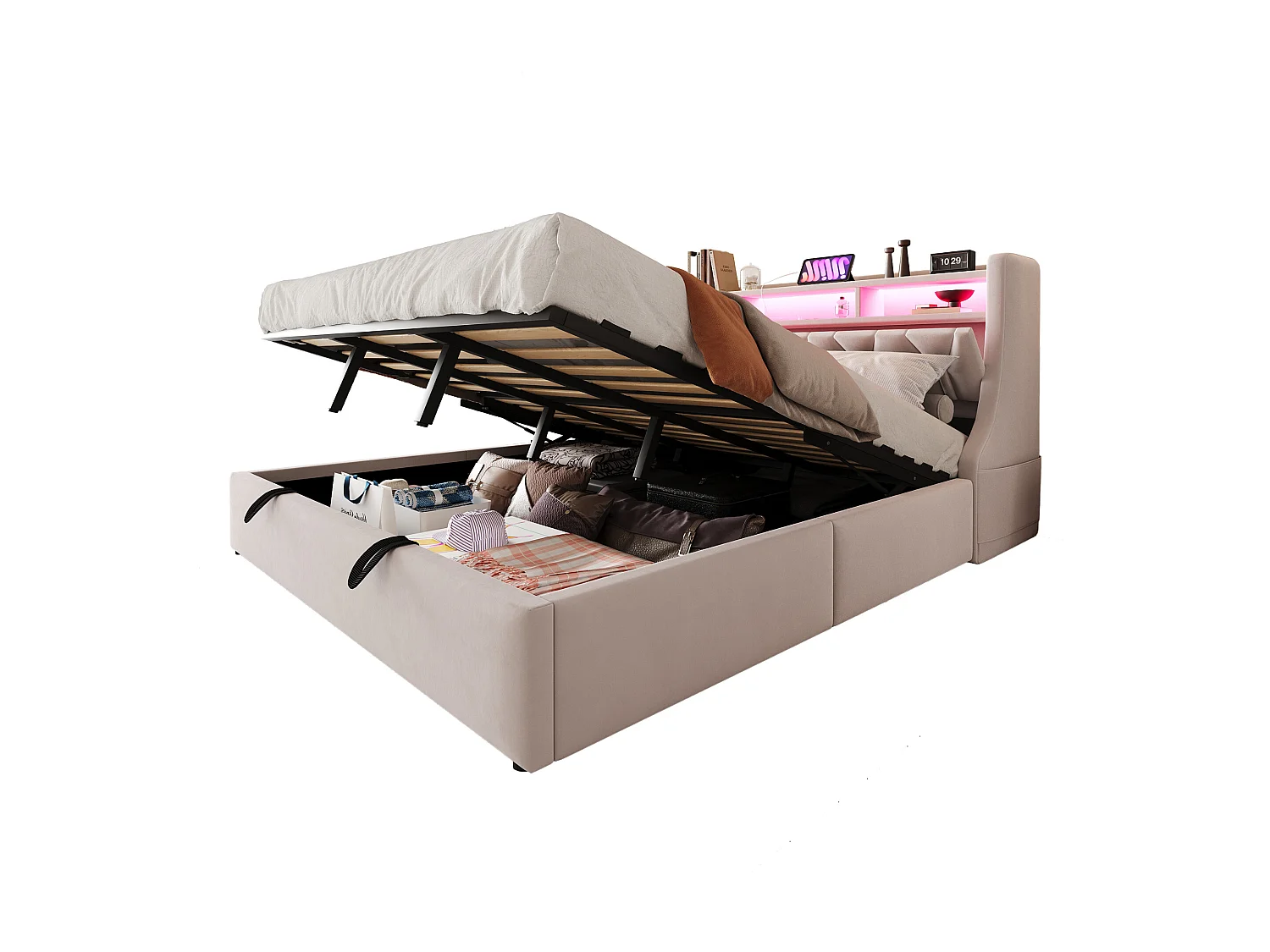 Doppelbett mit Stauraum – 180 x 200 cm – hydraulisch – klappbares Kopfteil mit Stauraum + LEDs – MDF – beige