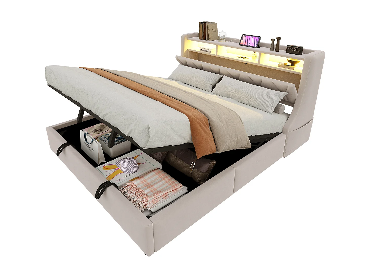 Doppelbett mit Stauraum – 180 x 200 cm – hydraulisch – klappbares Kopfteil mit Stauraum + LEDs – MDF – beige