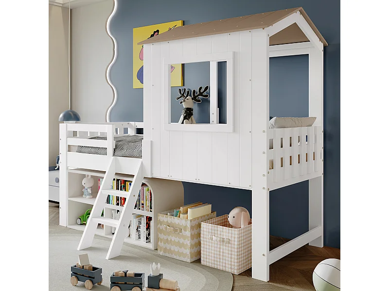 Cama infantil de media altura - 90 x 200 cm - cama alta con techo y ventana - pino + MDF - blanco + natural