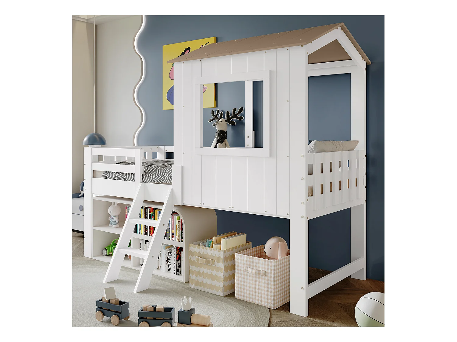 Lit mi-hauteur enfant - 90 x 200 cm - lit cabane avec toit et fenêtre - pin + MDF - blanc + naturel