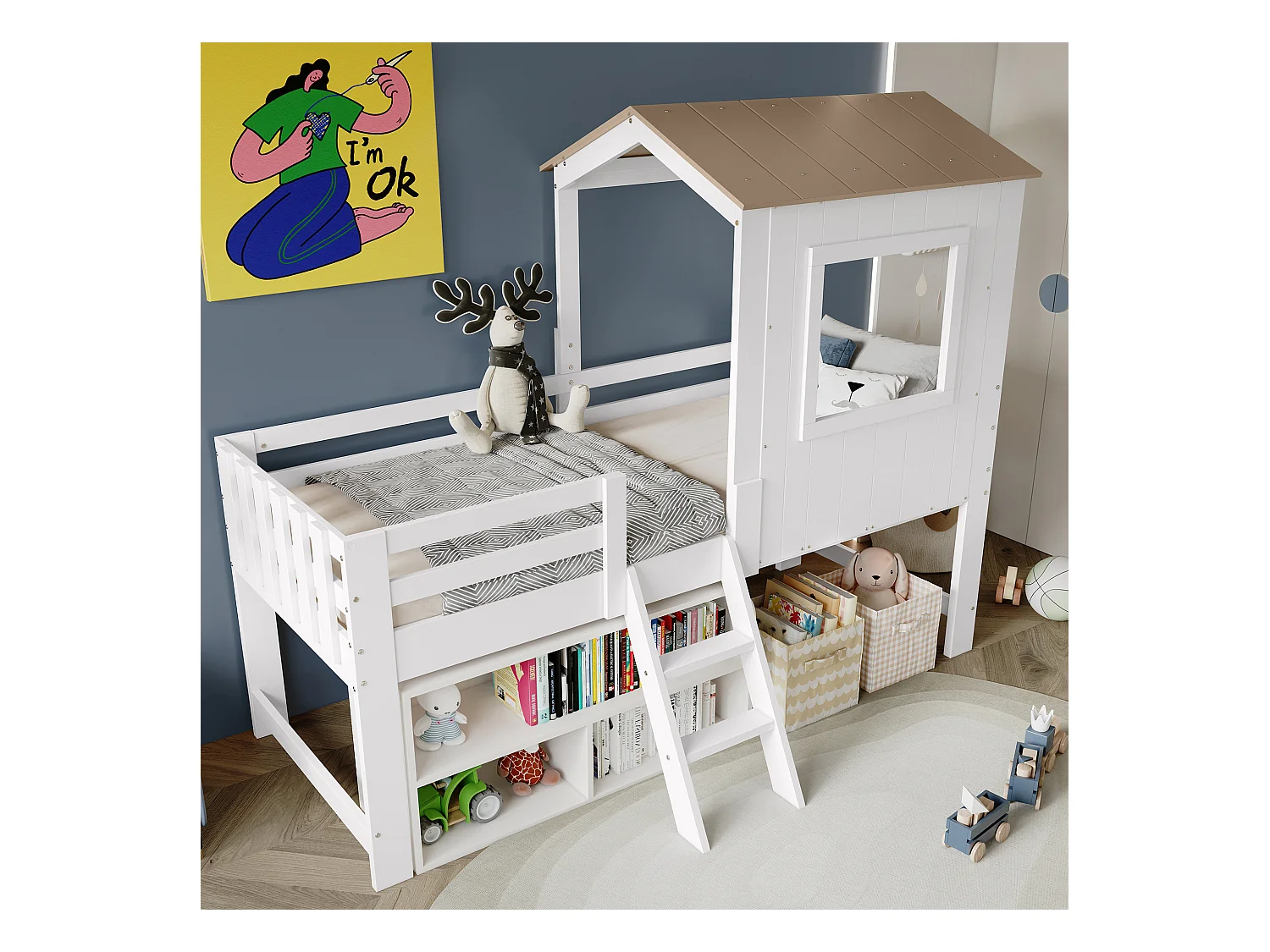 Lit mi-hauteur enfant - 90 x 200 cm - lit cabane avec toit et fenêtre - pin + MDF - blanc + naturel