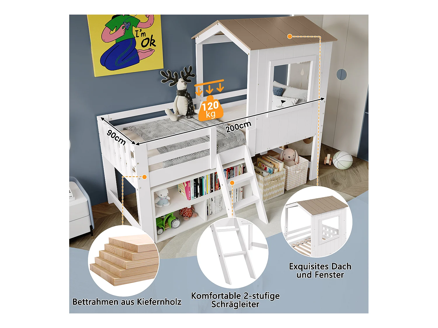 Lit mi-hauteur enfant - 90 x 200 cm - lit cabane avec toit et fenêtre - pin + MDF - blanc + naturel