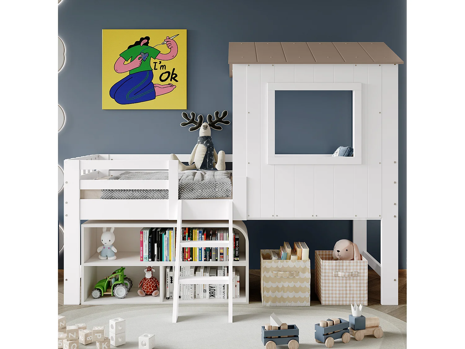 Kinder-Halbhochbett - 90 x 200 cm - Hochbett mit Dach und Fenster - Kiefer + MDF - Weiß + Natur