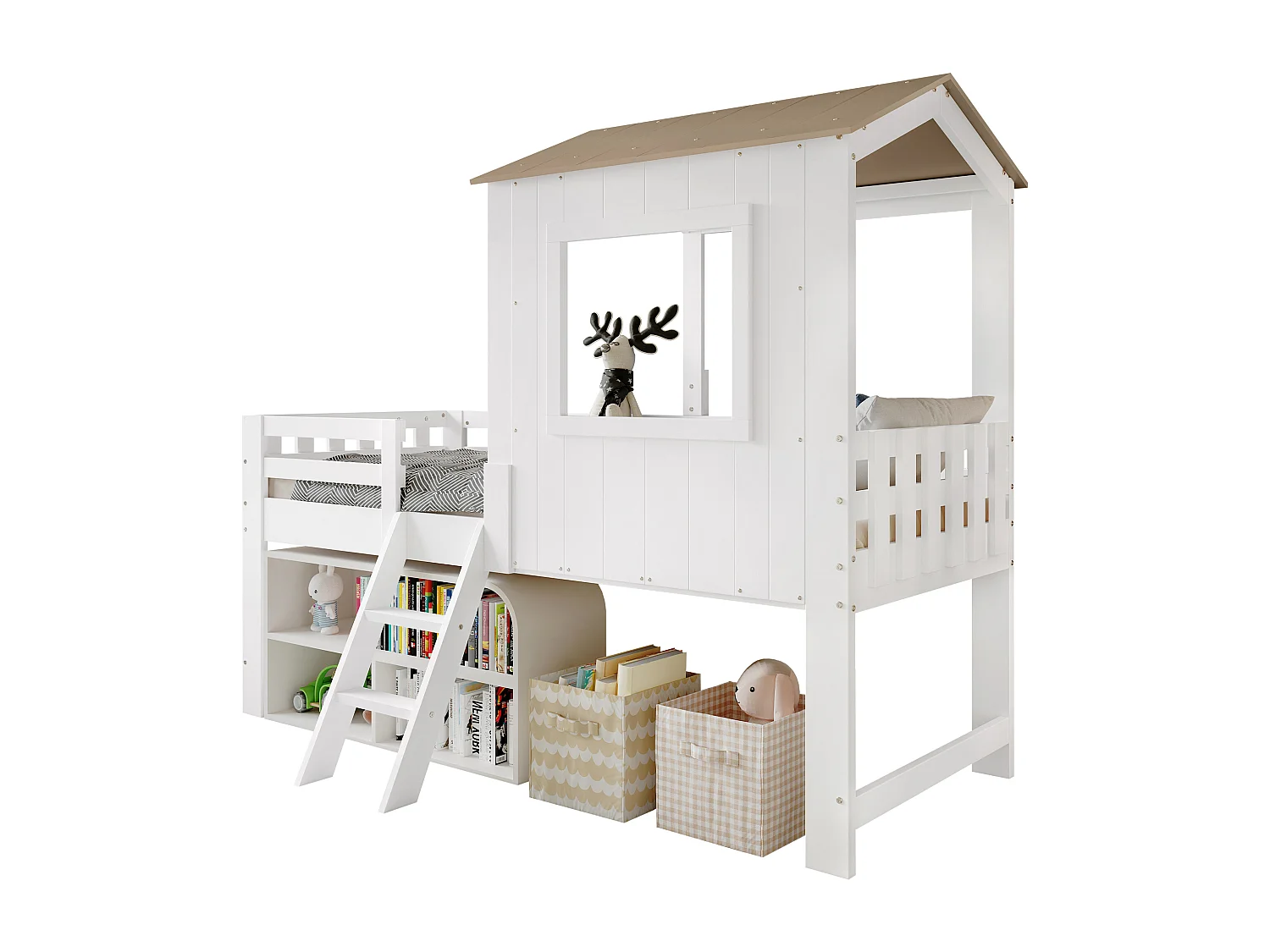 Kinder-Halbhochbett - 90 x 200 cm - Hochbett mit Dach und Fenster - Kiefer + MDF - Weiß + Natur