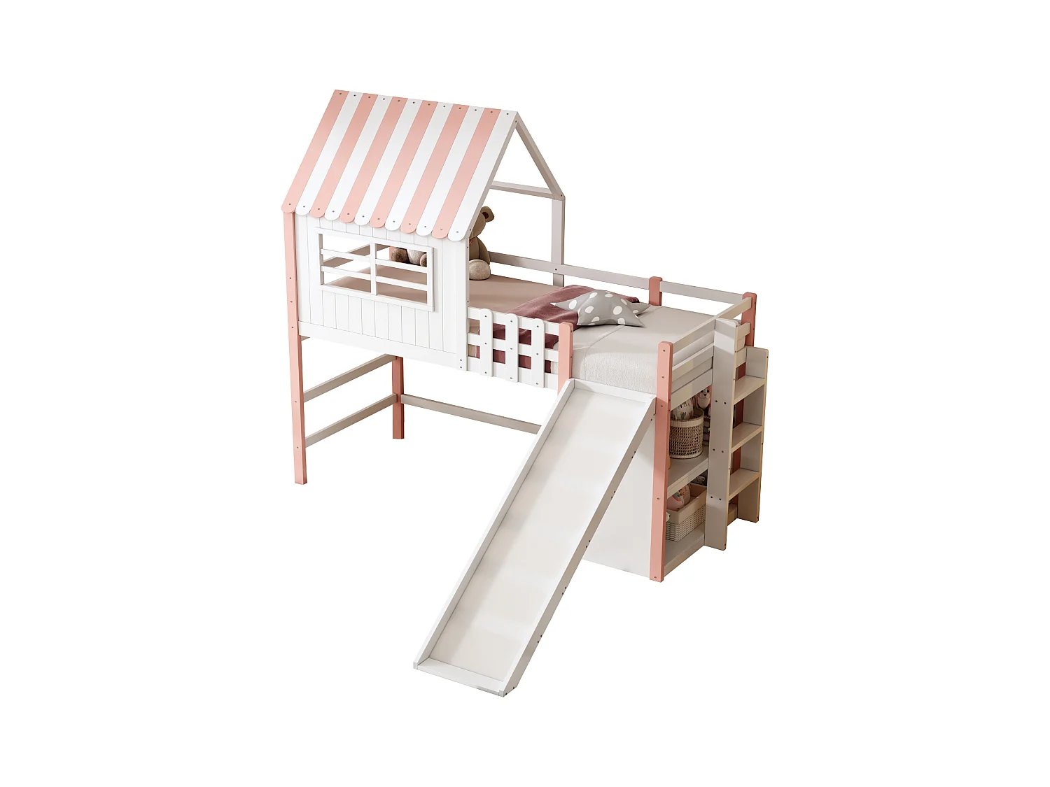 Lit mezzanine enfant - 90 x 200 cm - avec échelle + toboggan + étagère de rangement - bois - rose
