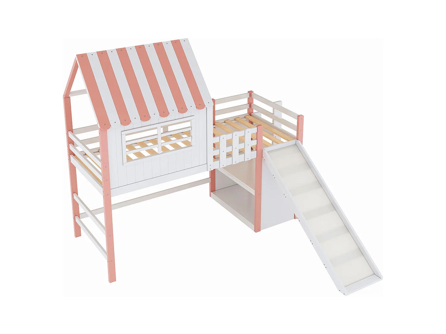 Lit mezzanine enfant - 90 x 200 cm - avec échelle + toboggan + étagère de rangement - bois - rose