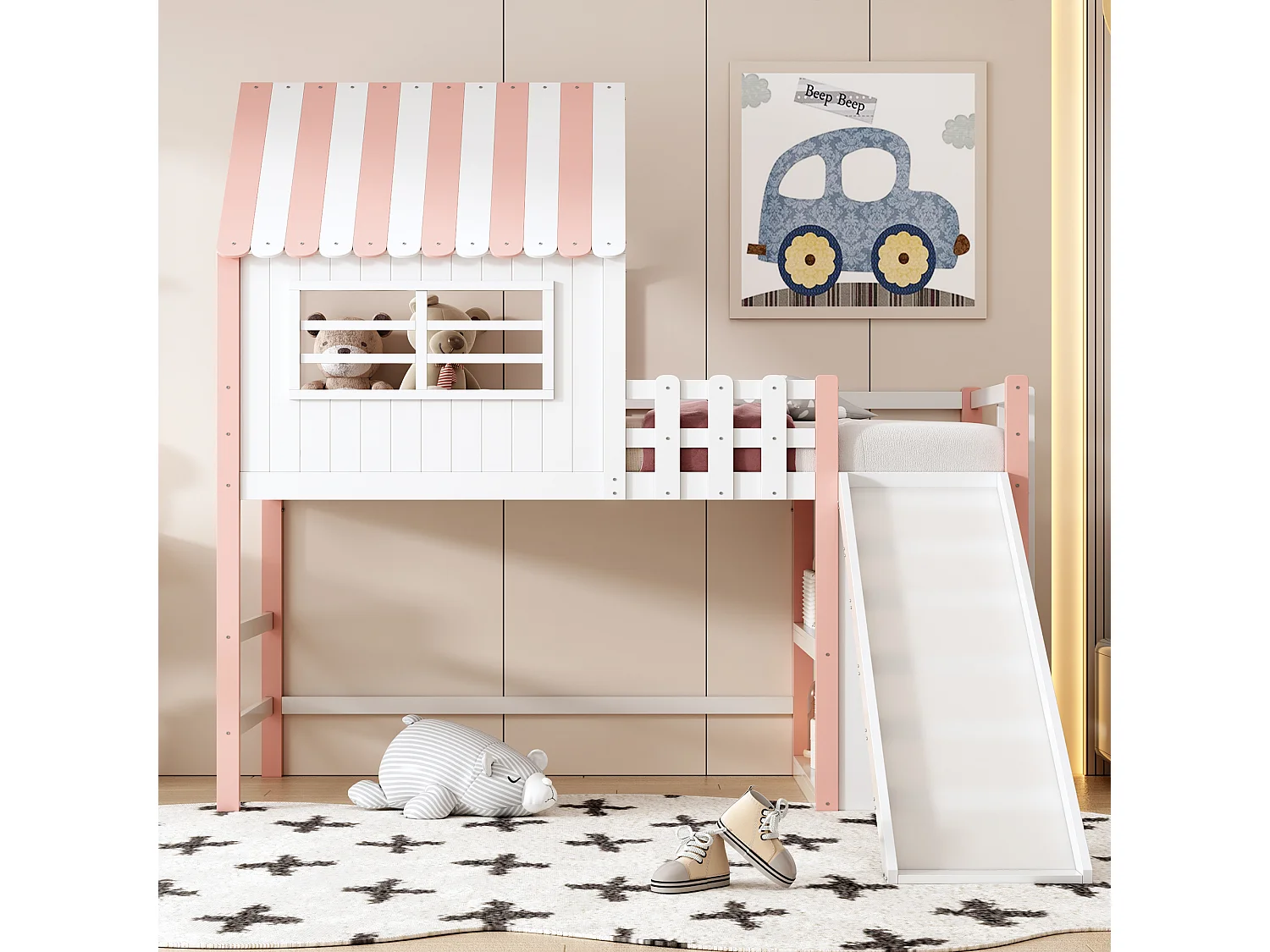 Lit mezzanine enfant - 90 x 200 cm - avec échelle + toboggan + étagère de rangement - bois - rose