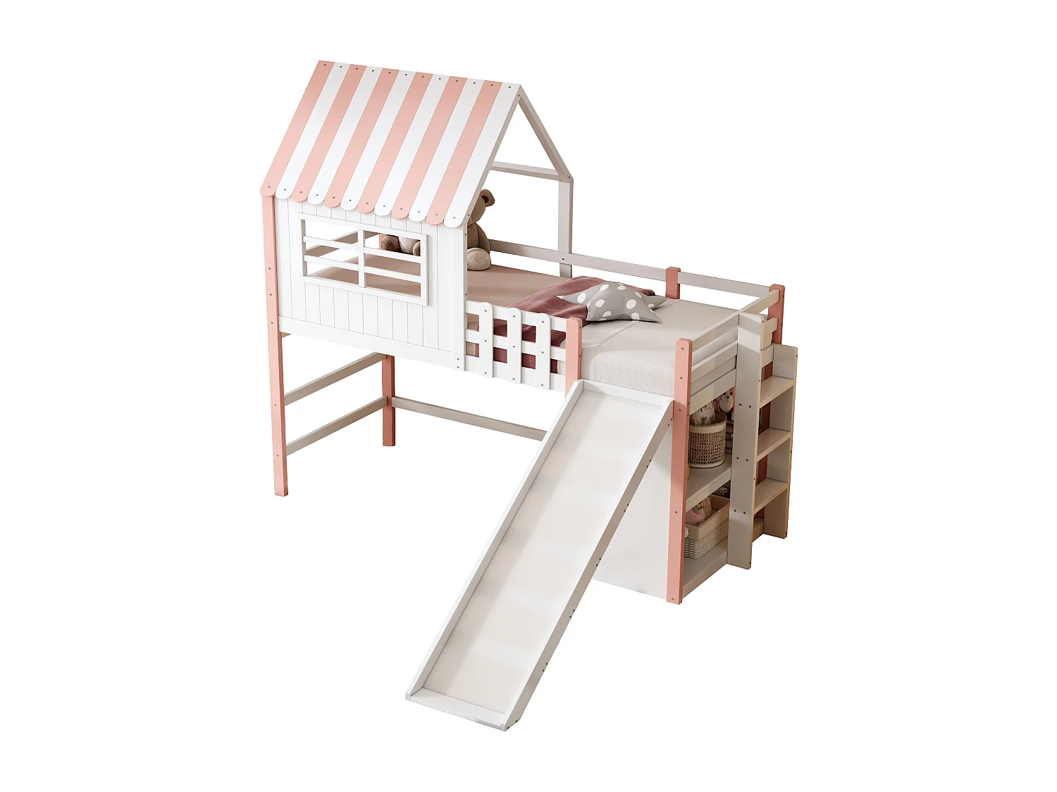 Lit mezzanine enfant - 90 x 200 cm - avec échelle + toboggan + étagère de rangement - bois - rose