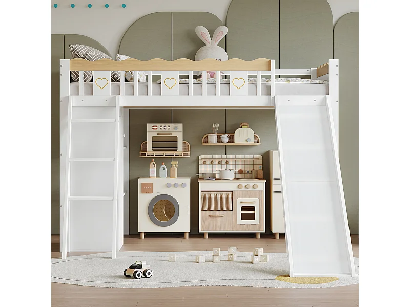 Kinderhochbett - 90 x 200 cm - mit Rutsche + Kleiderschrank + Ablageboden - Kiefer + MDF - weiß