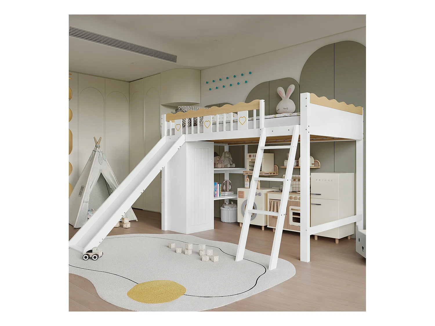 Lit mezzanine pour enfant - 90 x 200 cm - avec toboggan + armoire + étagère de rangement - pin + MDF - blanc