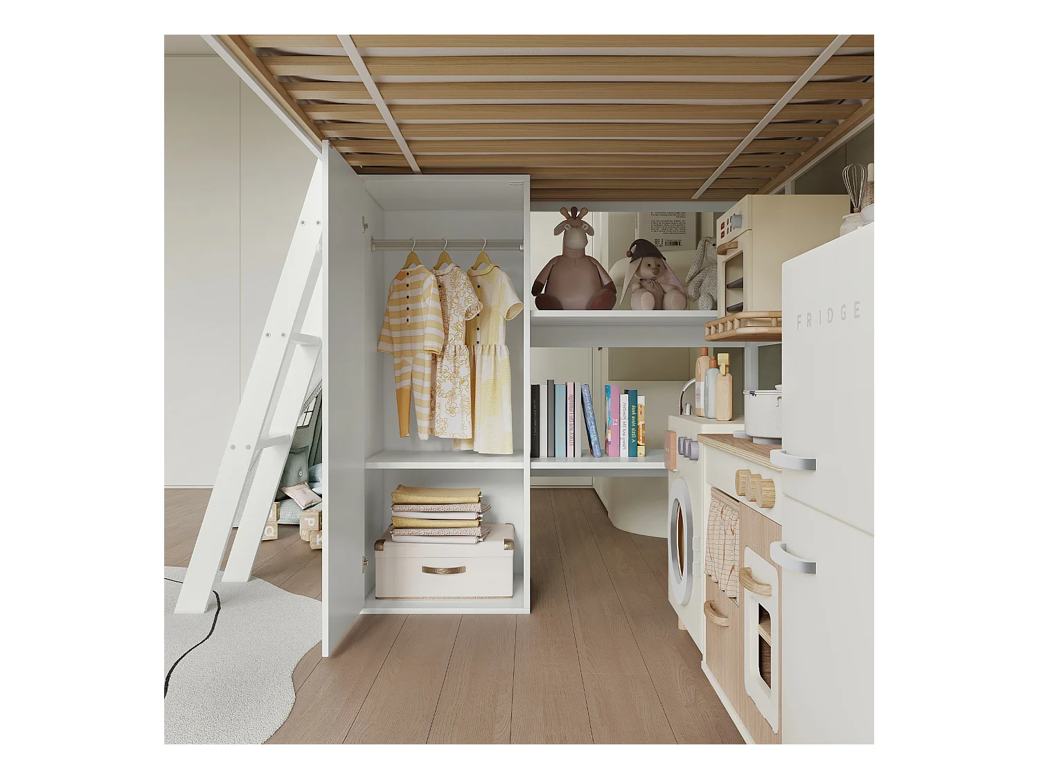 Lit mezzanine pour enfant - 90 x 200 cm - avec toboggan + armoire + étagère de rangement - pin + MDF - blanc