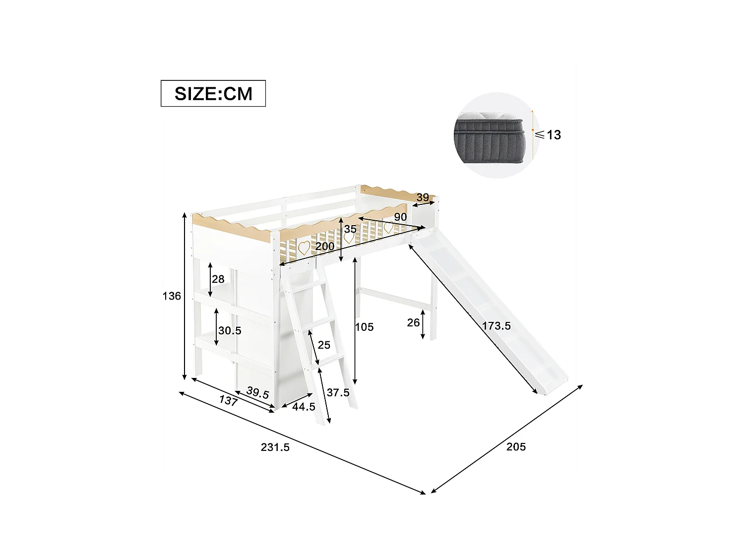 Lit mezzanine pour enfant - 90 x 200 cm - avec toboggan + armoire + étagère de rangement - pin + MDF - blanc