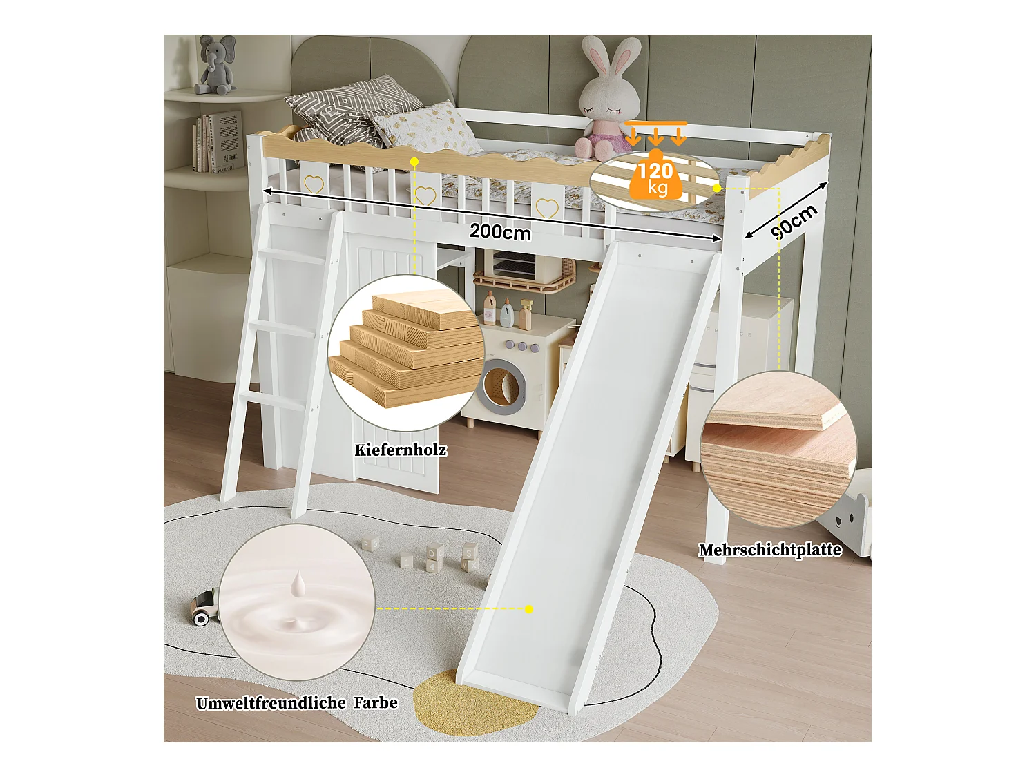 Lit mezzanine pour enfant - 90 x 200 cm - avec toboggan + armoire + étagère de rangement - pin + MDF - blanc