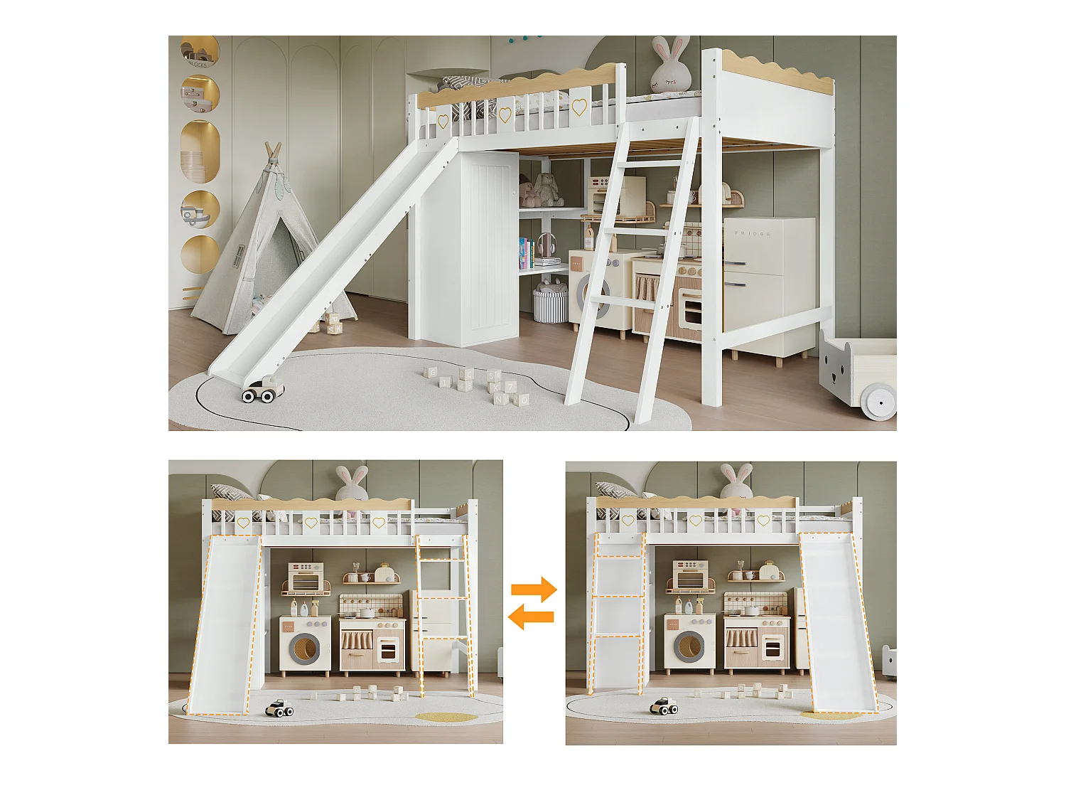 Lit mezzanine pour enfant - 90 x 200 cm - avec toboggan + armoire + étagère de rangement - pin + MDF - blanc