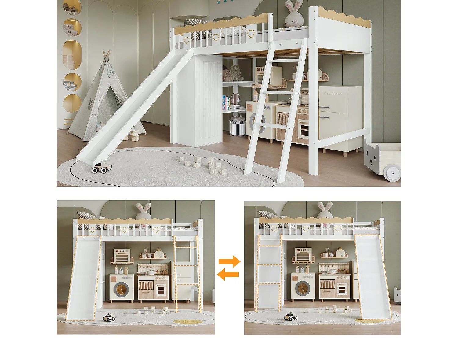 Kinderhochbett - 90 x 200 cm - mit Rutsche + Kleiderschrank + Ablageboden - Kiefer + MDF - weiß