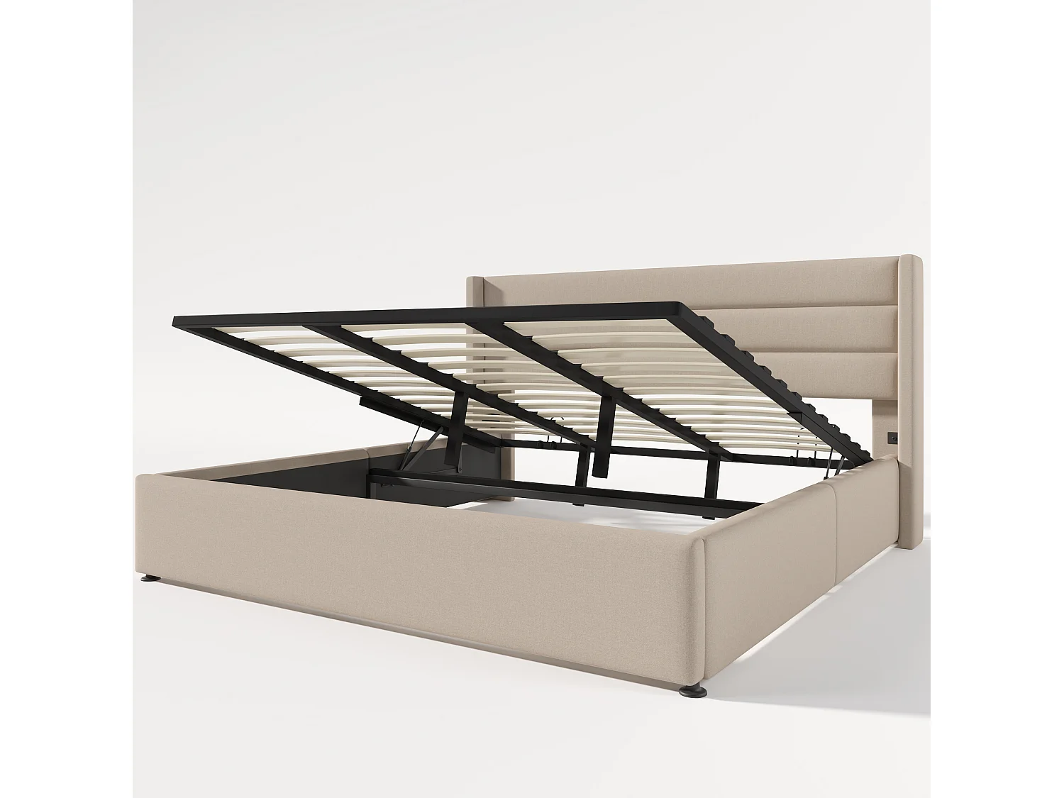 Cama de casal com arrumação - 180 x 200 cm - arrumação hidráulica - com cabeceira - linho - bege