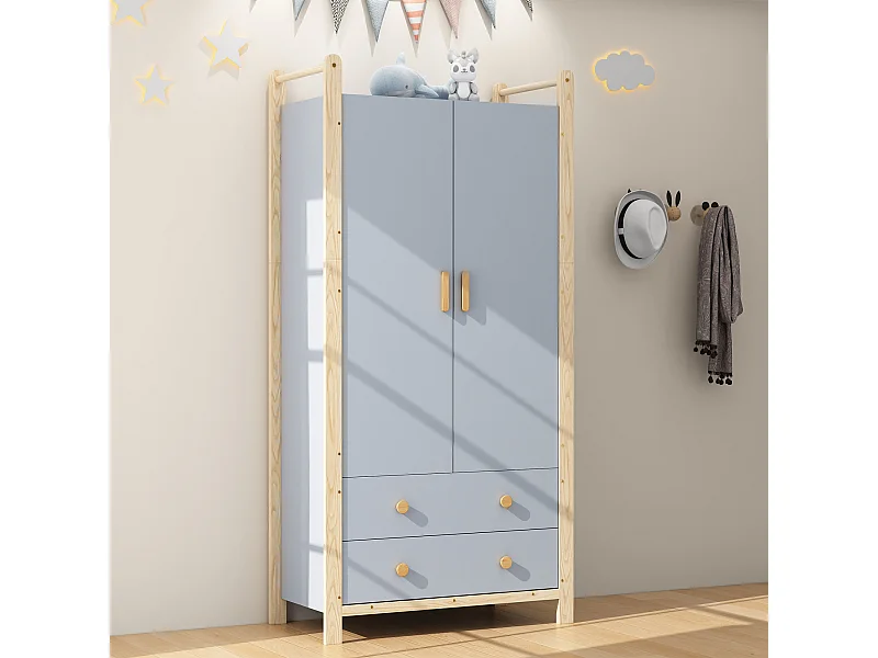 Kinderkleiderschrank - 90 x 45 x 180 cm - mit 2 Türen + Kleiderstange + 2 Schubladen - Spanplatte - blau
