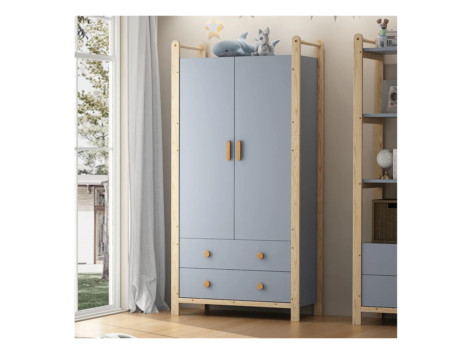 Armoire pour enfant - 90 x 45 x 180 cm - avec 2 portes + tringle à vêtements + 2 tiroirs - aggloméré - bleu