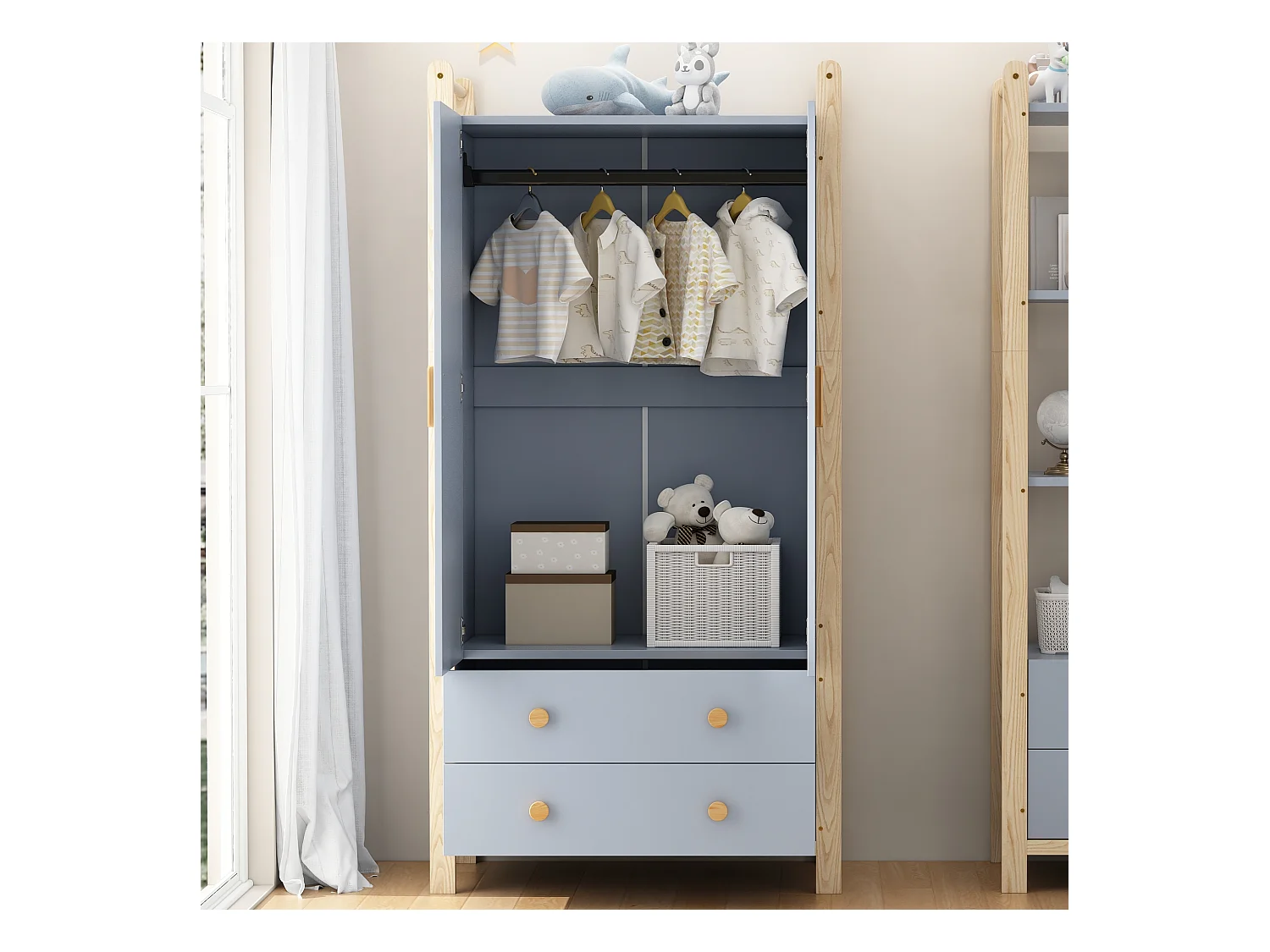 Armoire pour enfant - 90 x 45 x 180 cm - avec 2 portes + tringle à vêtements + 2 tiroirs - aggloméré - bleu