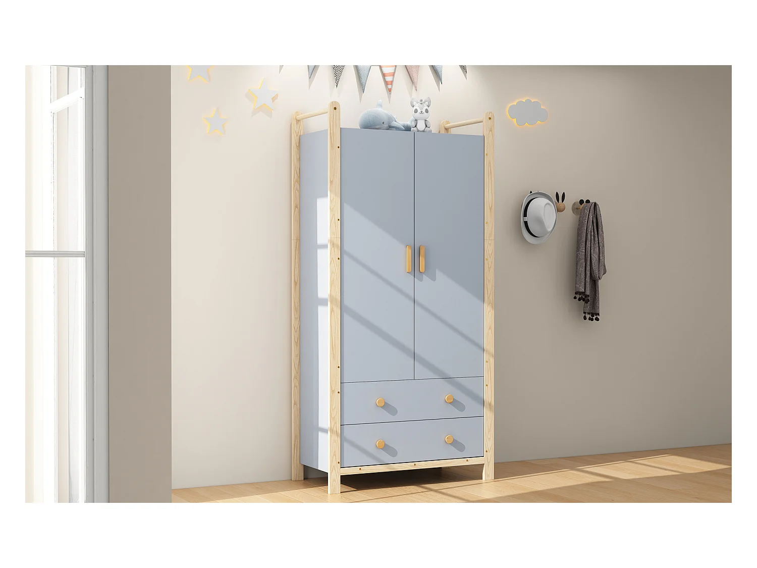 Armoire pour enfant - 90 x 45 x 180 cm - avec 2 portes + tringle à vêtements + 2 tiroirs - aggloméré - bleu
