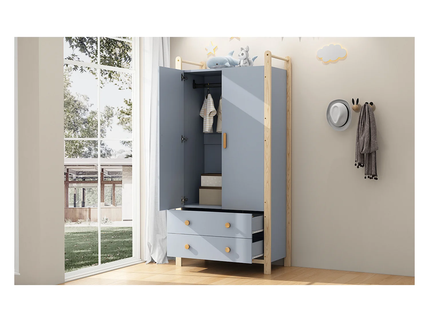 Armoire pour enfant - 90 x 45 x 180 cm - avec 2 portes + tringle à vêtements + 2 tiroirs - aggloméré - bleu