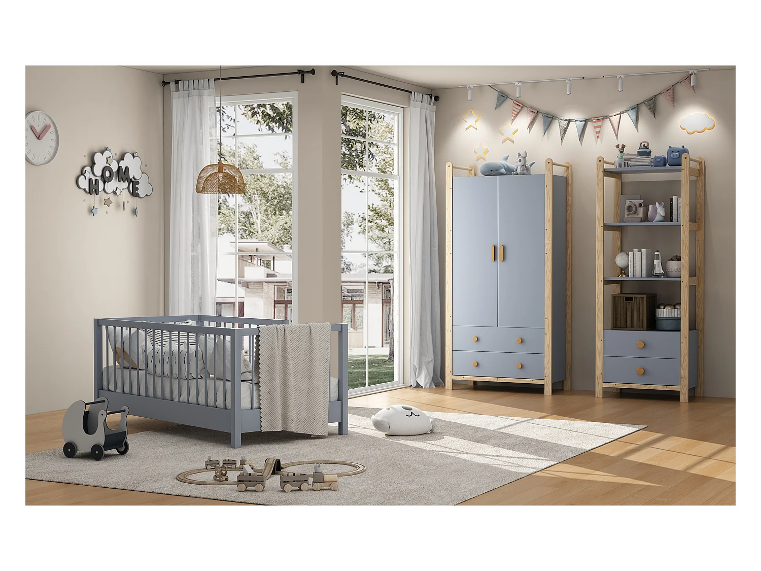 Armoire pour enfant - 90 x 45 x 180 cm - avec 2 portes + tringle à vêtements + 2 tiroirs - aggloméré - bleu