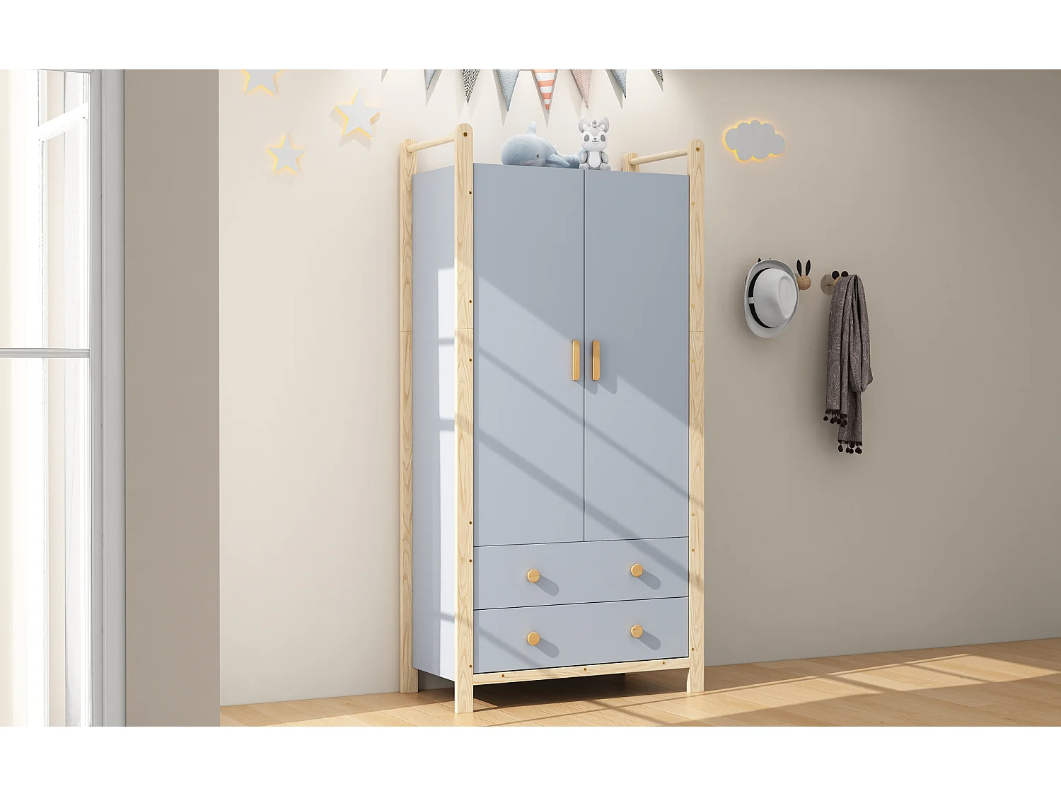Armoire pour enfant - 90 x 45 x 180 cm - avec 2 portes + tringle à vêtements + 2 tiroirs - aggloméré - bleu