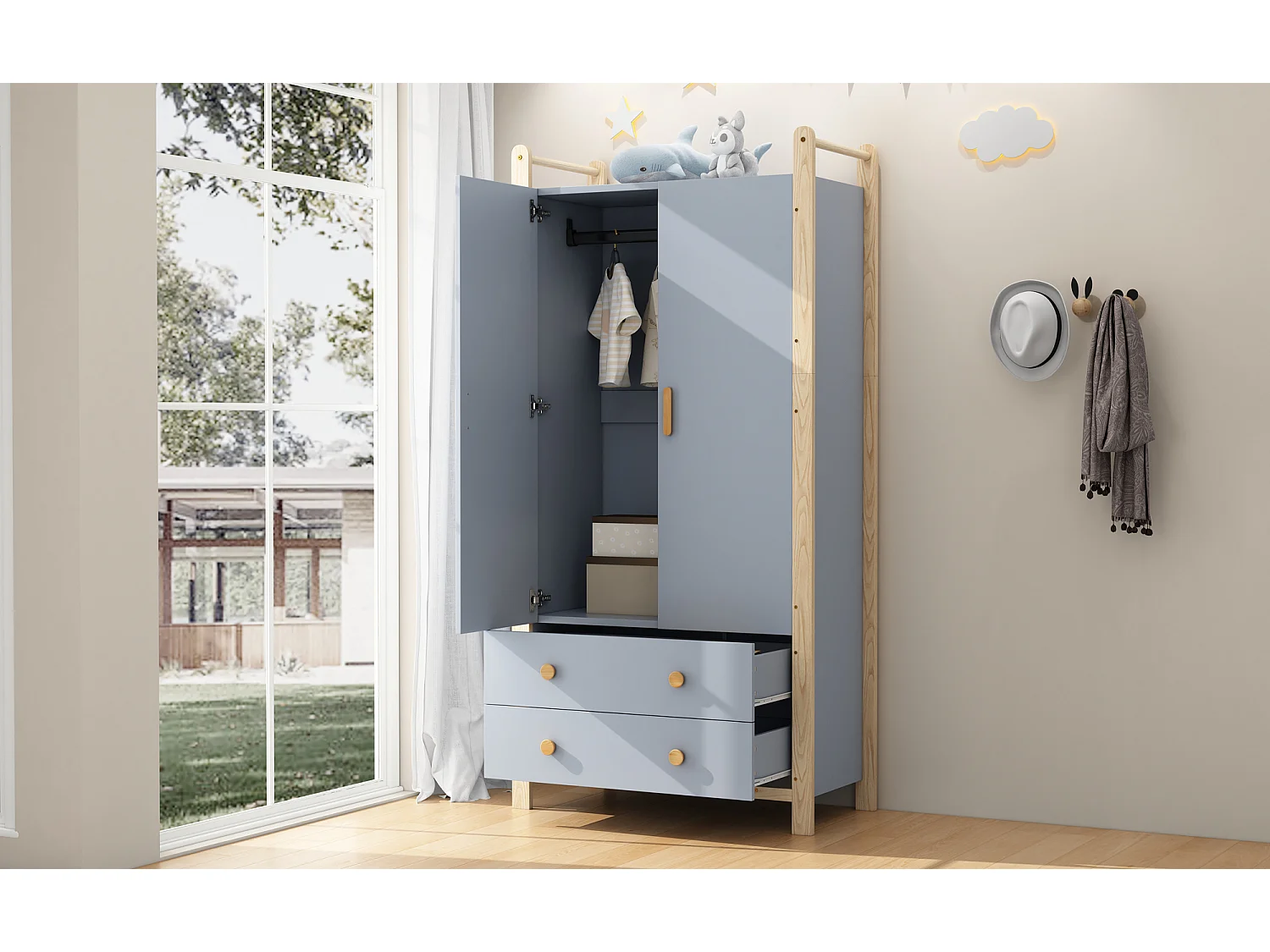 Armoire pour enfant - 90 x 45 x 180 cm - avec 2 portes + tringle à vêtements + 2 tiroirs - aggloméré - bleu