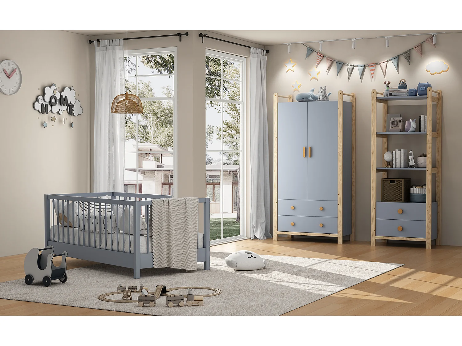 Armoire pour enfant - 90 x 45 x 180 cm - avec 2 portes + tringle à vêtements + 2 tiroirs - aggloméré - bleu