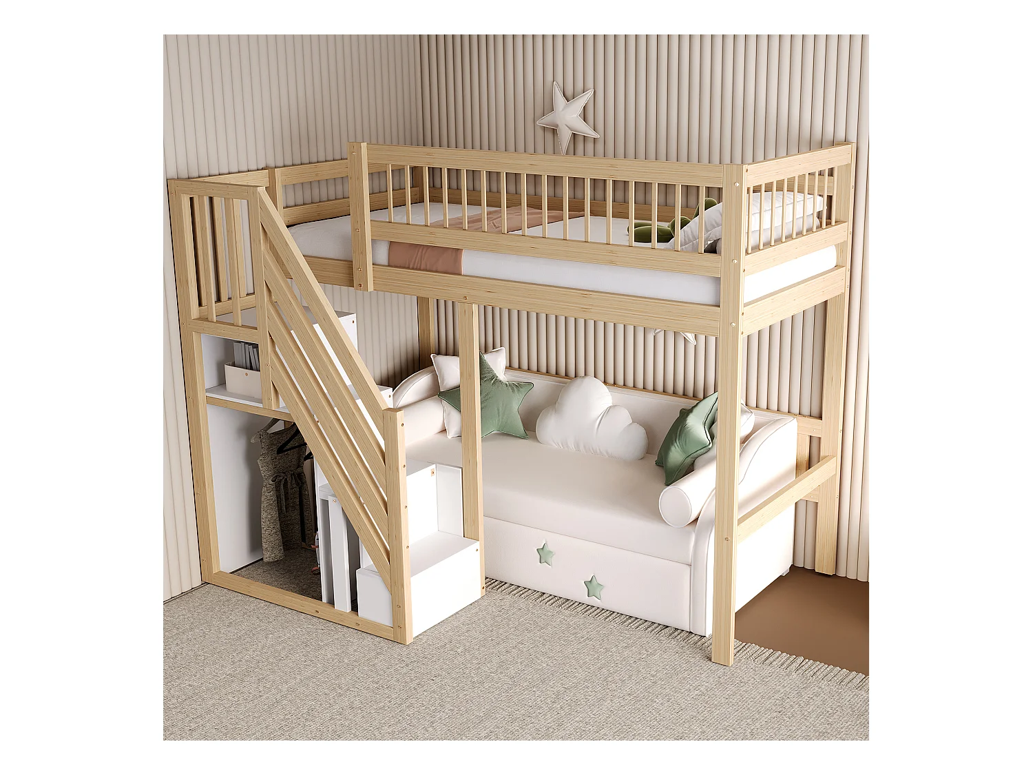 Lit mezzanine pour enfant - 90 x 200 cm - escalier avec meuble de rangement - bois - naturel