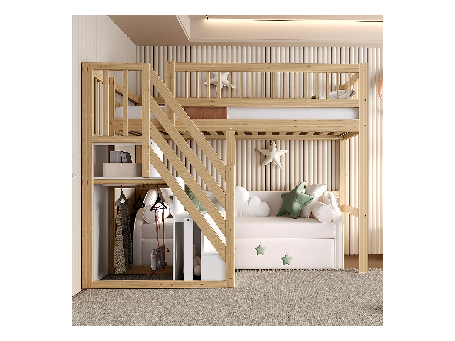 Lit mezzanine pour enfant - 90 x 200 cm - escalier avec meuble de rangement - bois - naturel