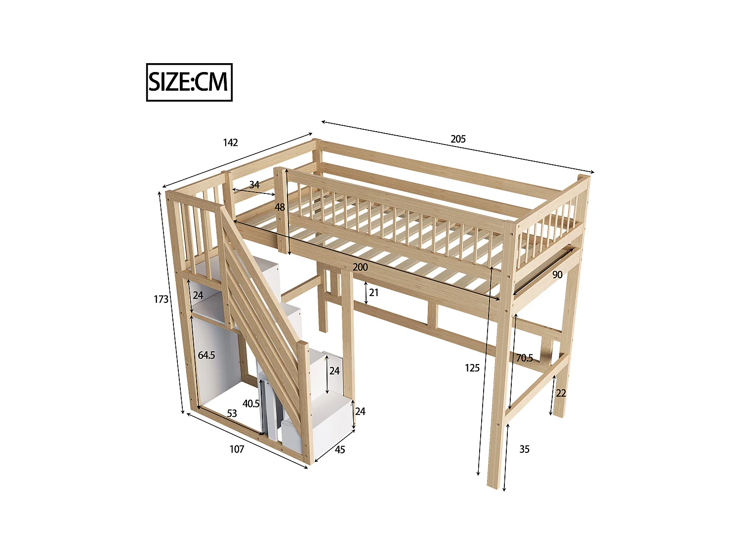 Lit mezzanine pour enfant - 90 x 200 cm - escalier avec meuble de rangement - bois - naturel