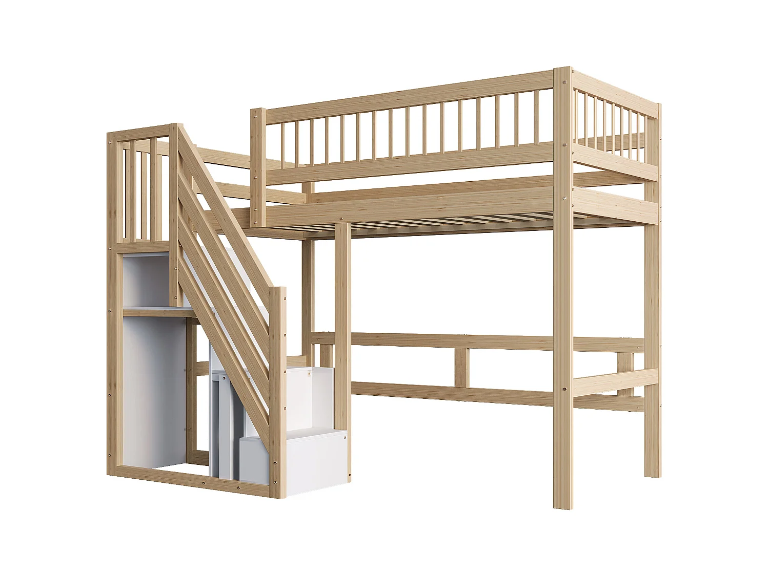 Lit mezzanine pour enfant - 90 x 200 cm - escalier avec meuble de rangement - bois - naturel