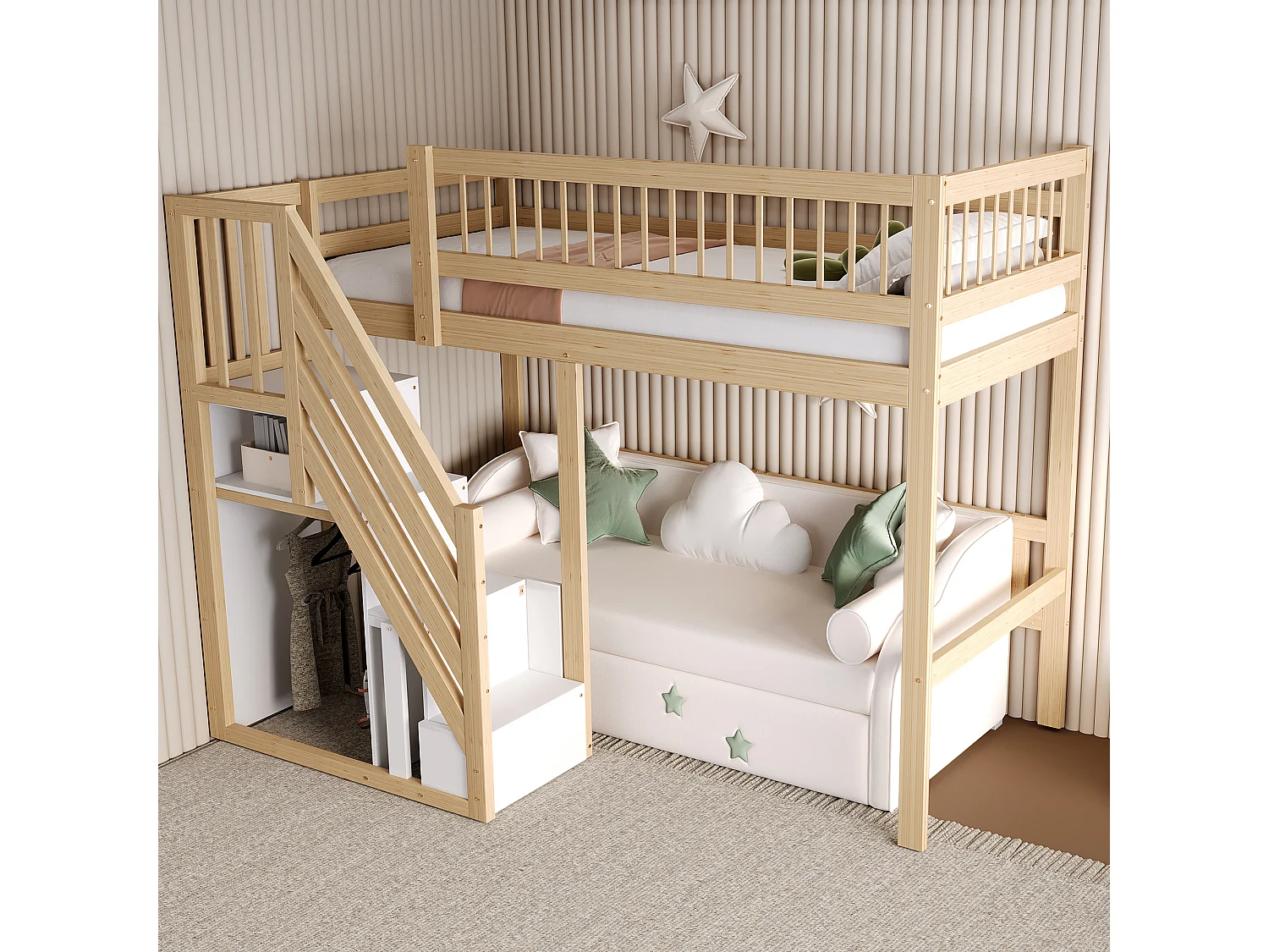 Letto a soppalco per bambini - 90 x 200 cm - scala con contenitore - legno - naturale