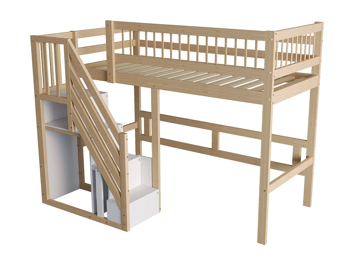 Letto a soppalco per bambini - 90 x 200 cm - scala con contenitore - legno - naturale