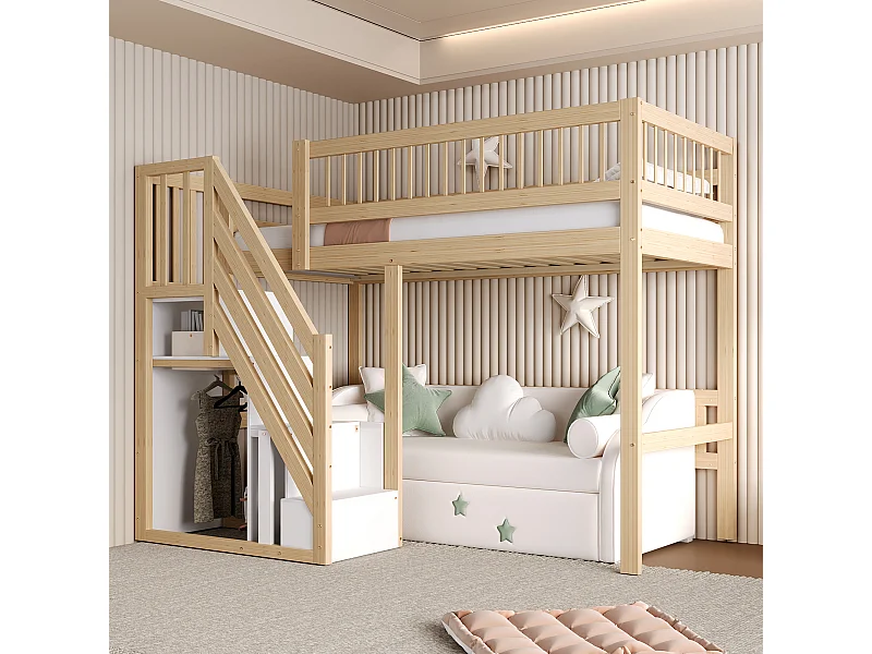 Kinderhoogslaper - 90 x 200 cm - trap met opbergruimte - hout - naturel