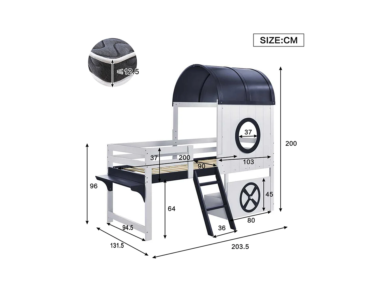 Lit mi-hauteur enfant - 90 x 200 cm - avec toit et fenêtre + 1 tiroir à roulettes - pin + MDF - blanc + bleu